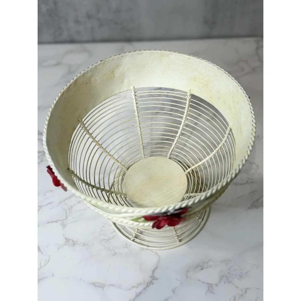 Vintage White Metal Wire Pedestal Basket Hand Painted Pink Flowers Cottage Decor